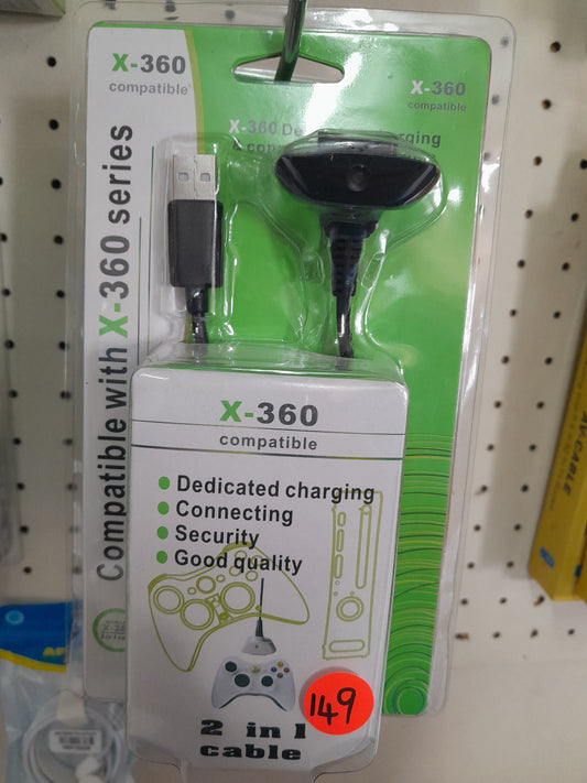 New and sealed X-360 compatible 2 in 1 cable for Xbox 360, featuring dedicated charging, connecting, security, and good quality. Available at Die Skatkis.