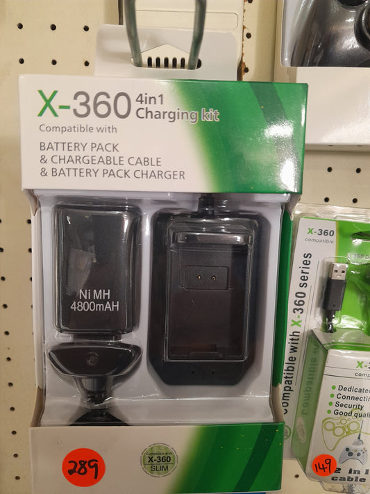 Brand new and sealed Xbox 360 Slim 4-in-1 Kit, featuring a battery pack, cable, and charger. Available at Die Skatkis secondhand store.