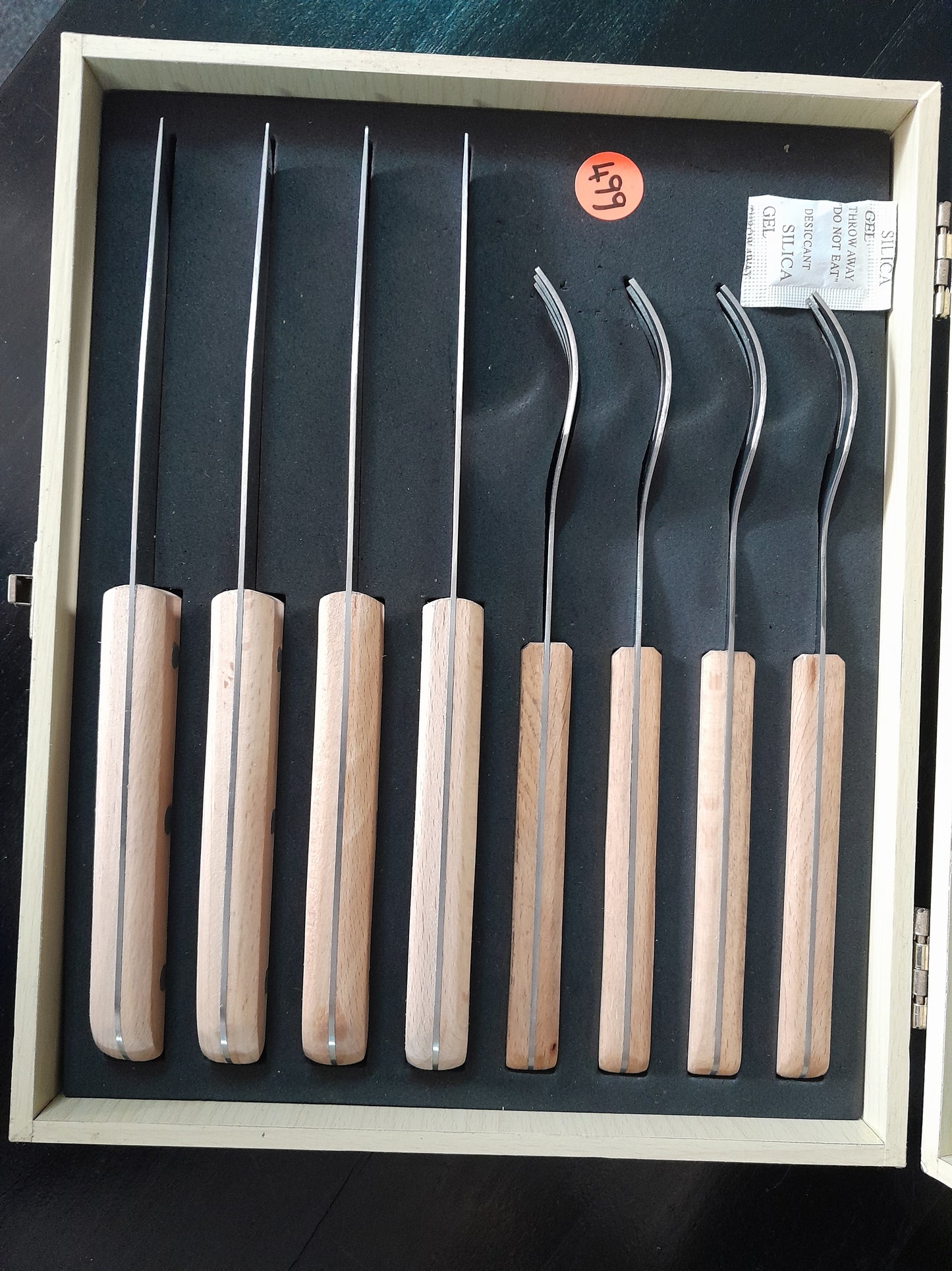 8 Piece Steak Knife and Fork Set with wooden handles in a neat box, available at Die Skatkis secondhand store.
