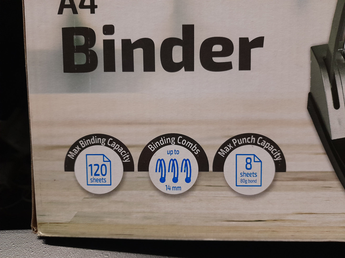 Logik A4 Binder packaging highlighting features like max binding capacity 120 sheets, 14mm binding combs, and max punch capacity 8 sheets.