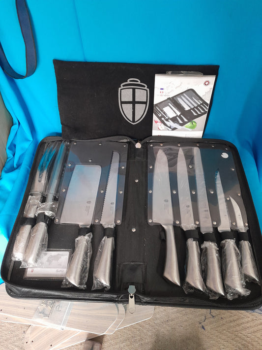 A 9-piece stainless steel knife set with various knives and a knife sharpener in a sleek case.