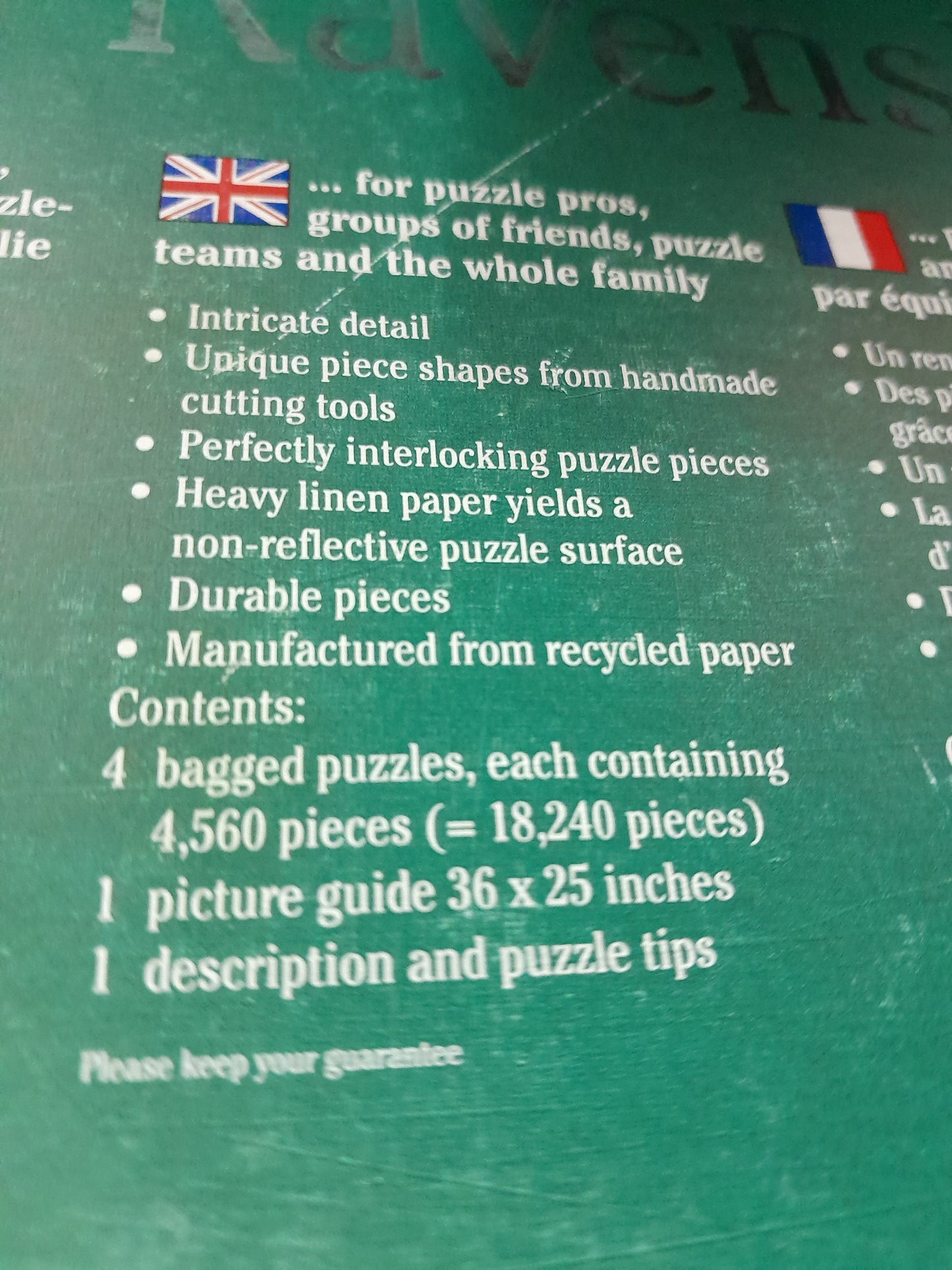 Side of Ravensburger 18000 piece puzzle box detailing contents: 4 bagged puzzles, picture guide, description and puzzle tips, available at Die Skatkis.