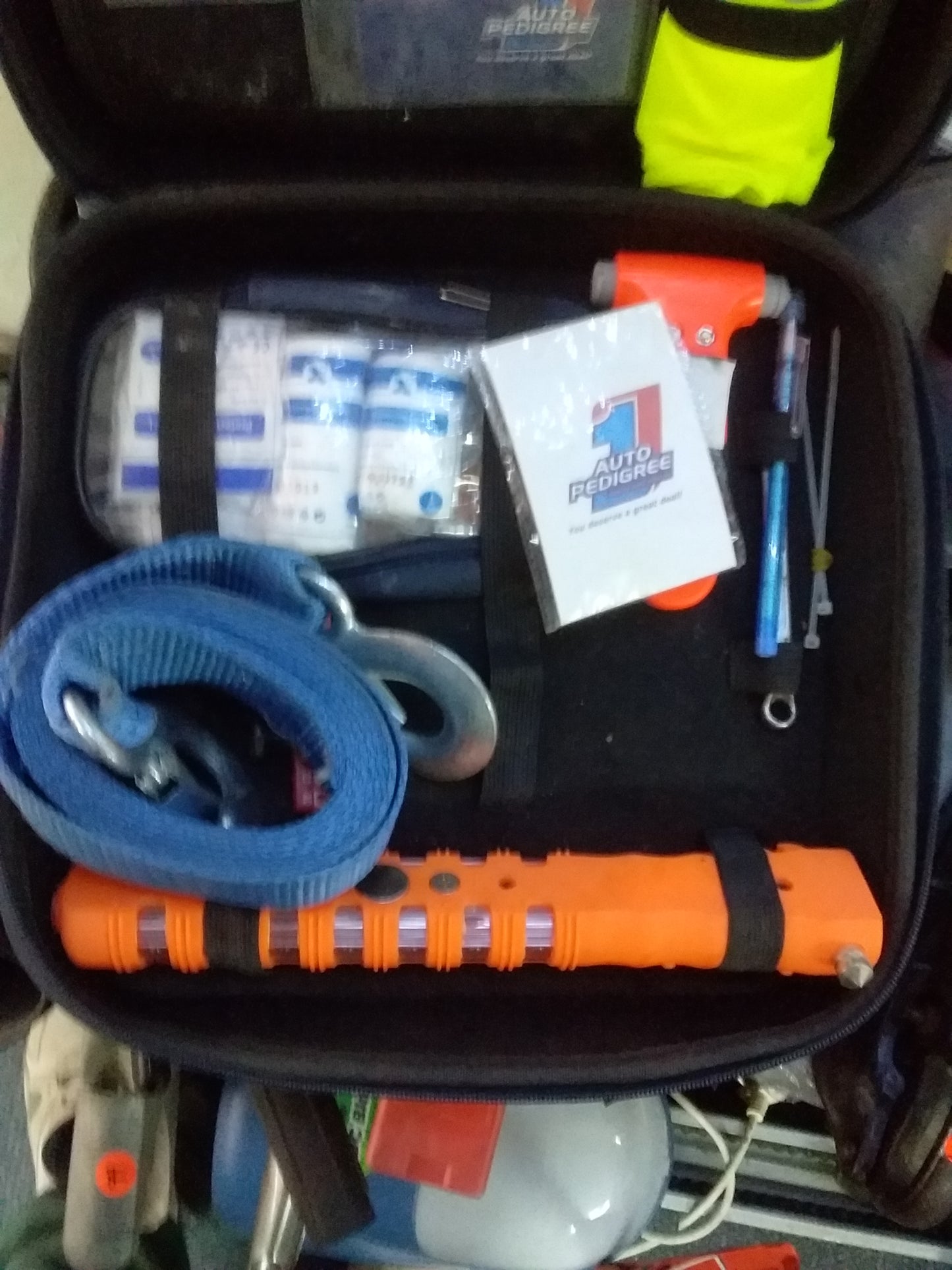 Auto Pedigree Emergency Car Kit with high-visibility vest, tow strap, safety hammer, medical supplies, and pen tool. Available at Die Skatkis.