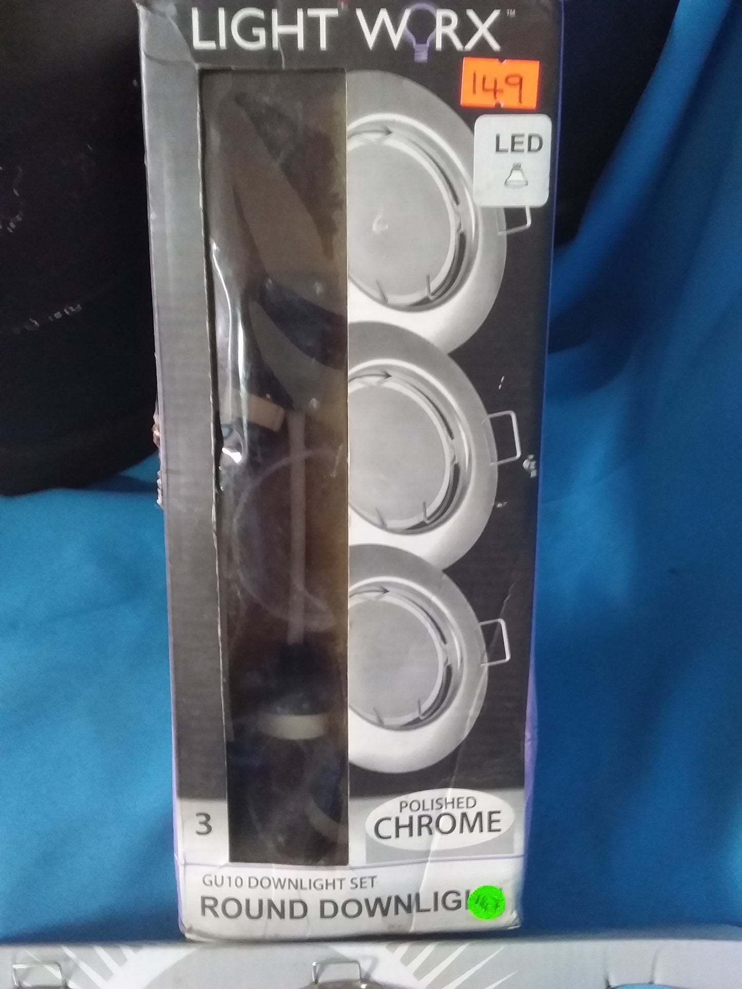 "LIGHT WRX GU10 downlighter set of 3 LED lights with polished chrome finish, 60mm hole size, in original packaging. Available at Die Skatkis.