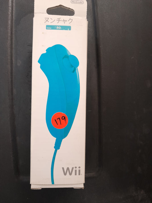 Nintendo Wii Nunchuk controller in light blue, connects to Wii remote via cable, excellent condition.