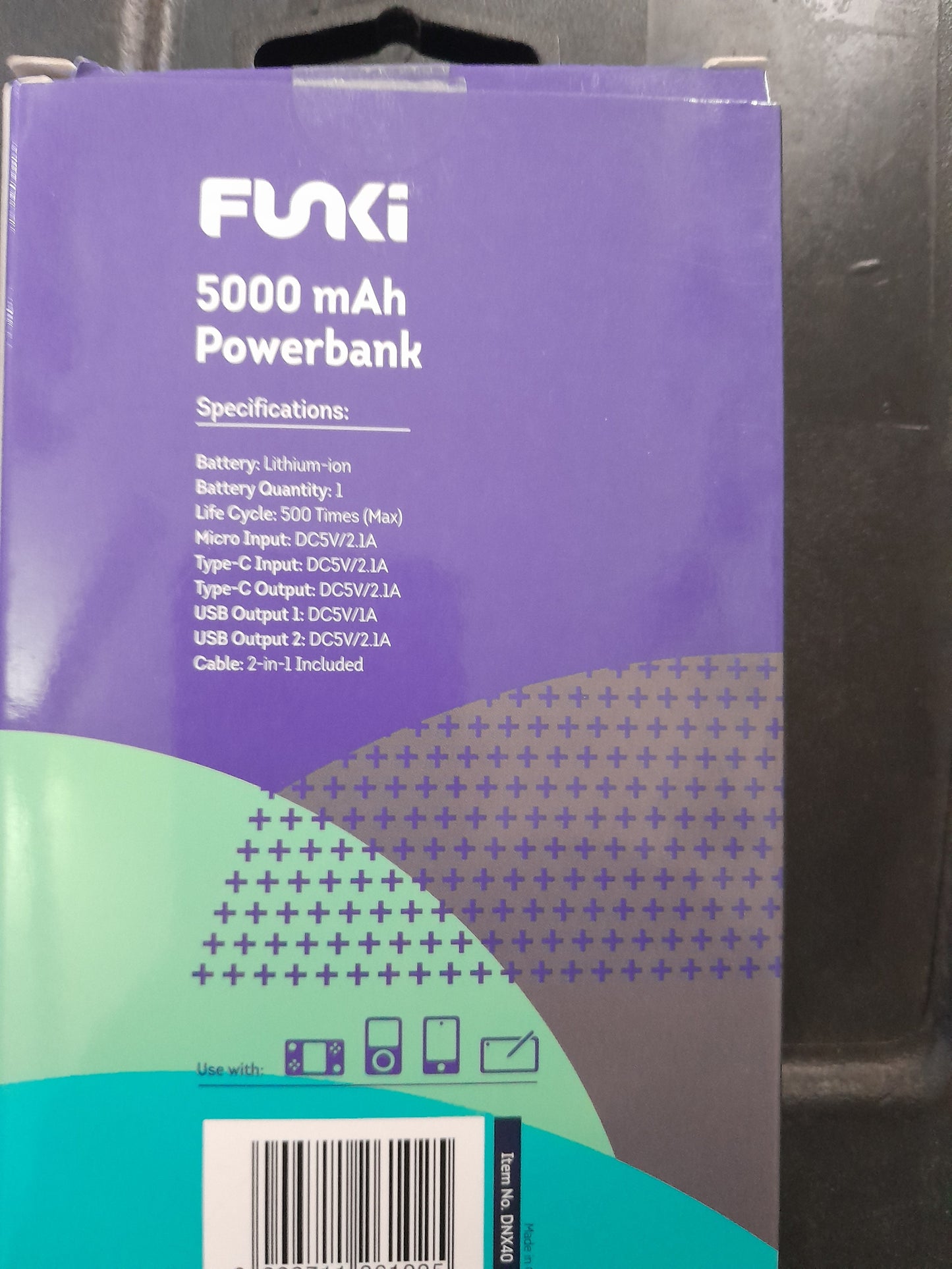 Funki Fast Charge Power Bank with digital display, 5000mAh capacity for portable charging.