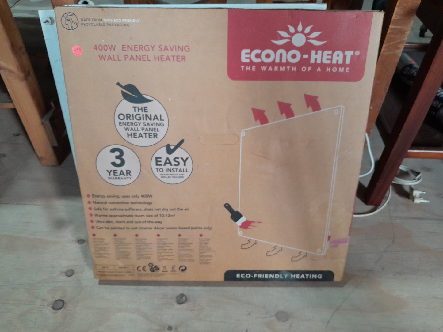Econo-Heat wall panel heater packaging highlighting easy installation and energy-saving features.