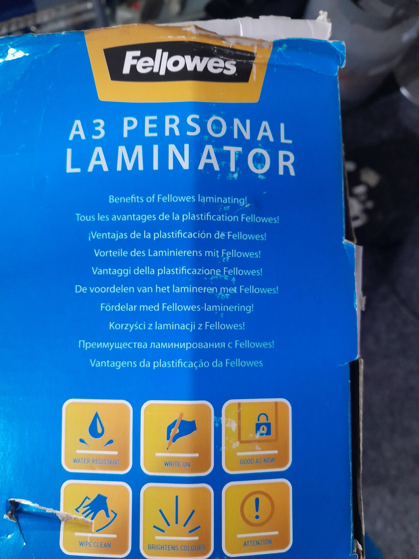 Fellowes A3 Personal Laminator box showing features and benefits for home or office use.