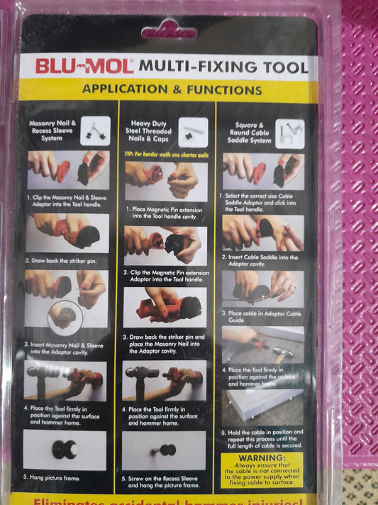 Blu-Mol Multi-Fixing Tool with application instructions for efficient cable attachment.