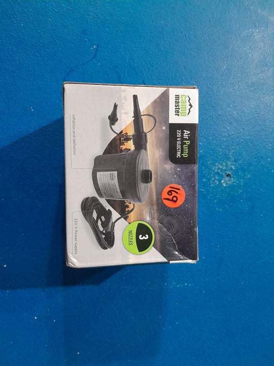Camp Master 220V electric air pump for inflating and deflating airbeds and more.