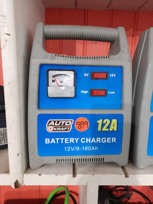 Auto Kraft 12A battery charger for 6V and 12V batteries with 9-160Ah capacity, ideal for efficient power restoration.