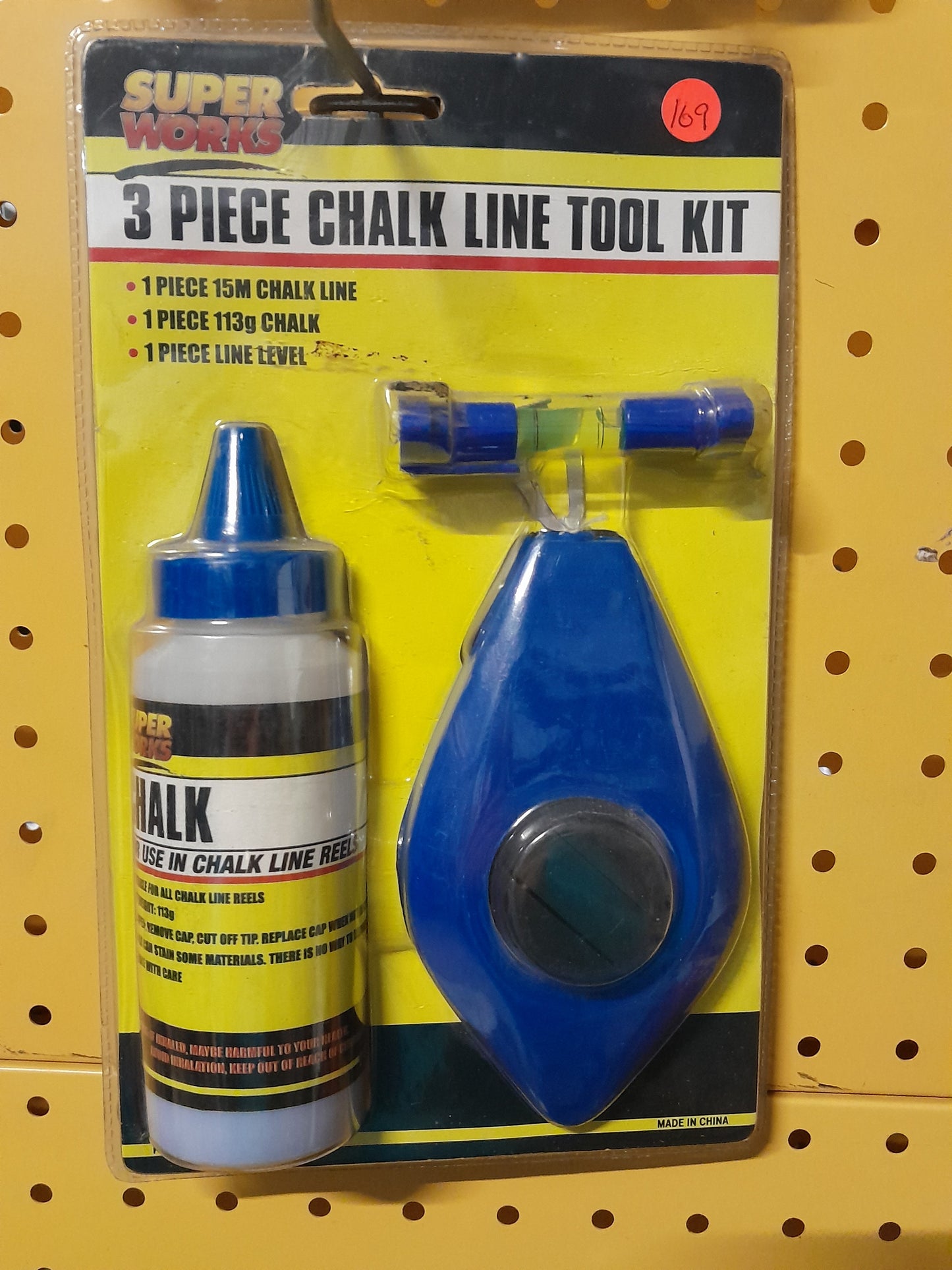 Super Works 3 Piece Chalk Line Tool Kit with 15m chalk line, 113g chalk, and line level, sealed for durability.