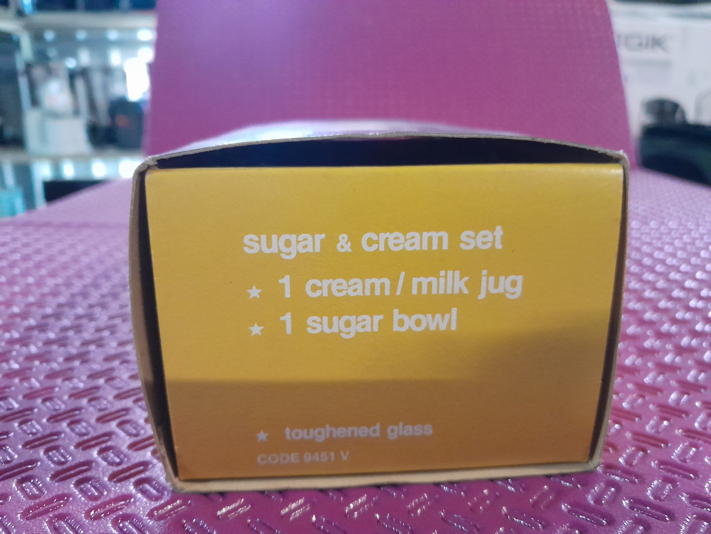 Vitria sugar and cream set in toughened glass, including one milk jug and one sugar bowl, displayed in original box.
