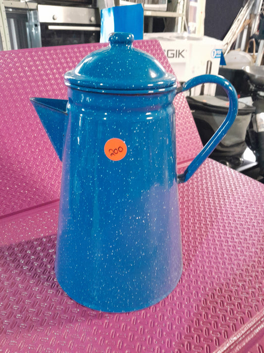 Vintage blue enamel coffee pot, perfect for brewing hot beverages in style.