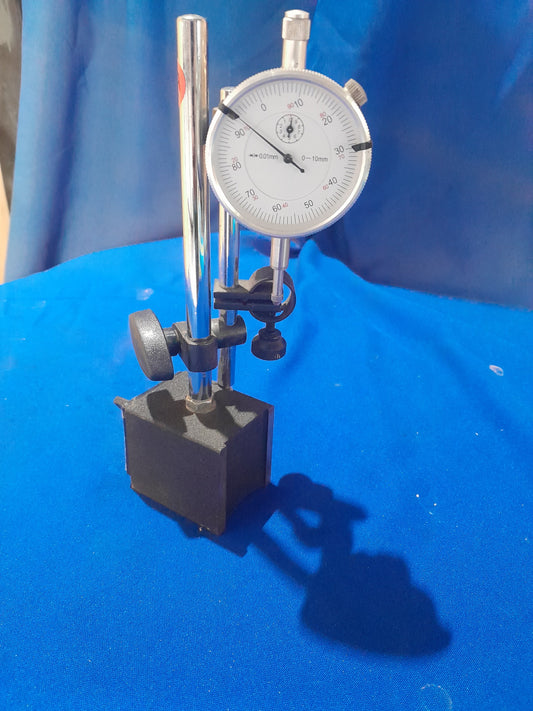 Magnetic dial indicator gauge measuring 0-10mm, ideal for precision measurements in various applications.