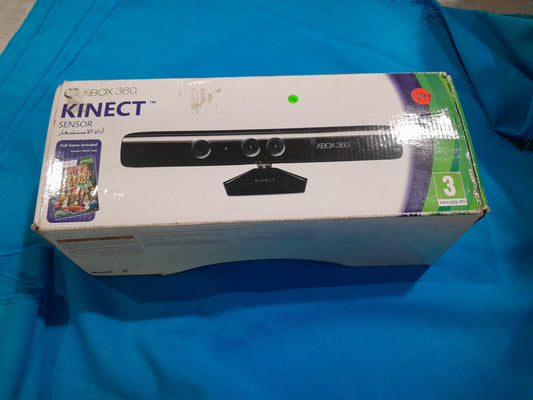Xbox 360 Kinect motion sensor box showcasing features and included game.