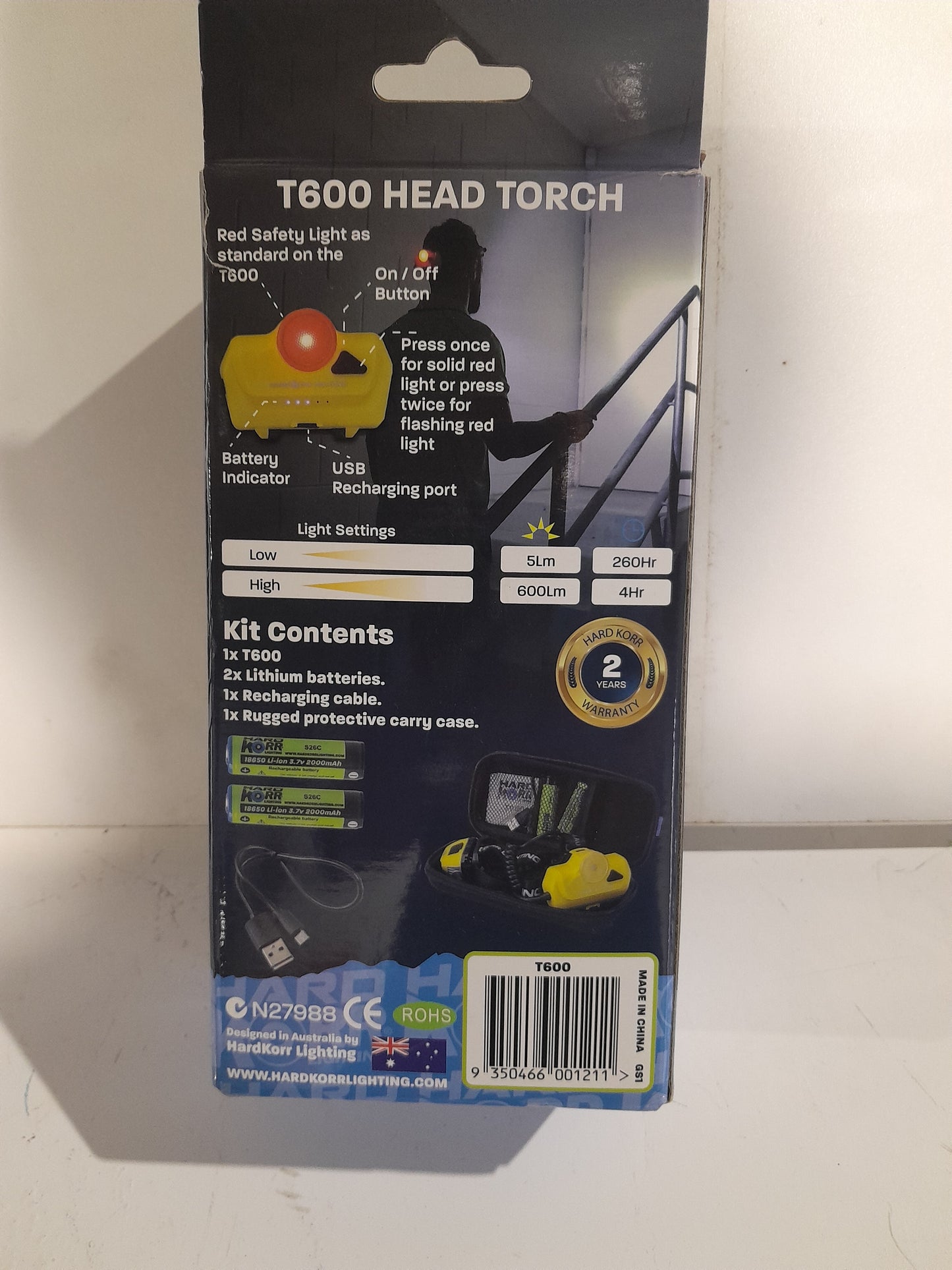 Hard Korr T600 Head Torch features including lumens, run time, and waterproof rating.