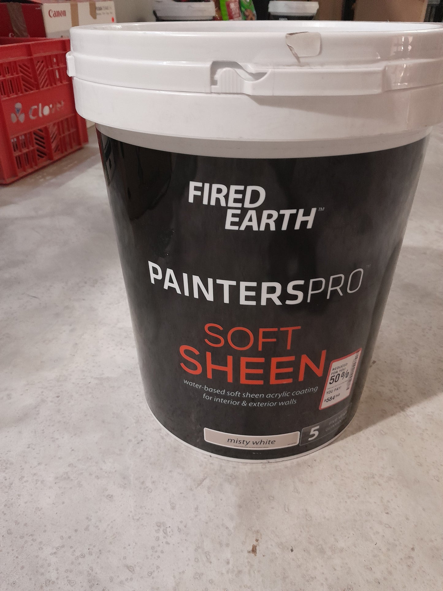 Fire Earth Soft Sheen Misty White 20L paint, ideal for interior and exterior walls.