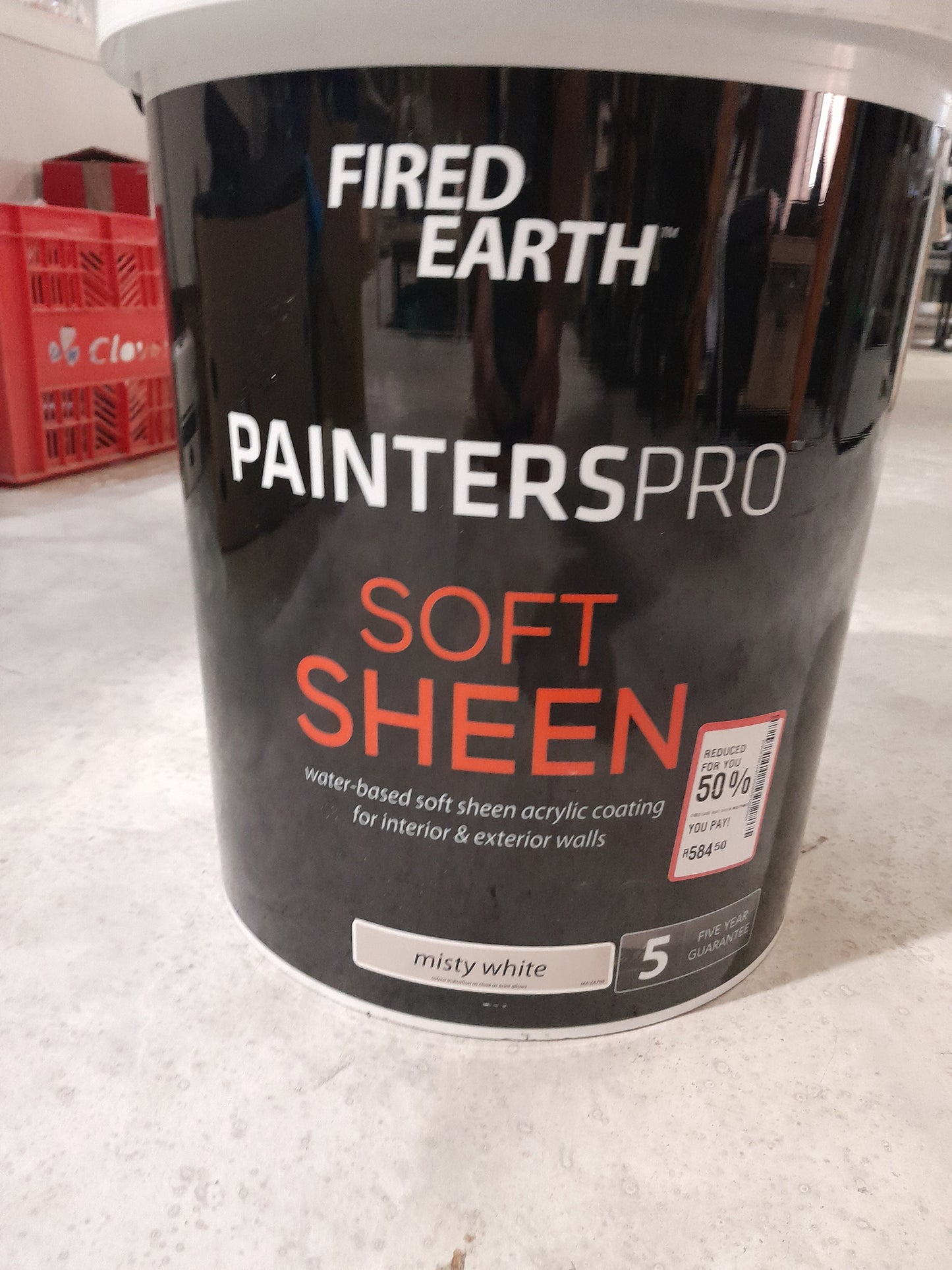 Sealed Fire Earth Soft Sheen Misty White 20L paint for a smooth finish on walls.