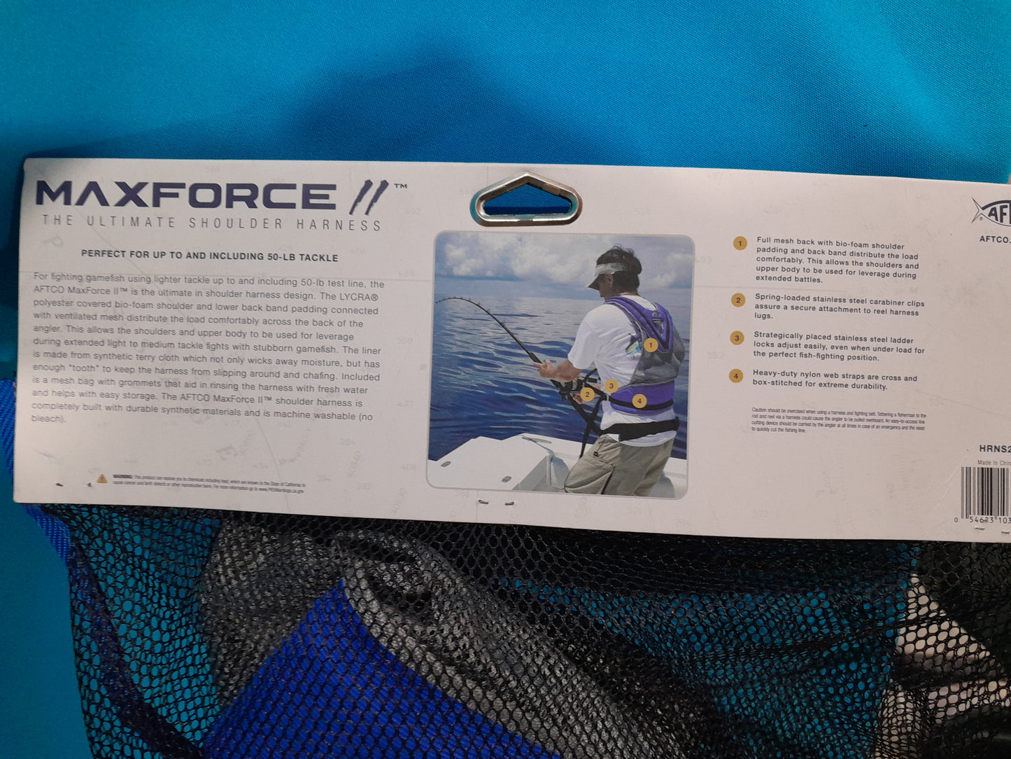Close-up of AFTCO Maxforce II Ultimate Shoulder Harness, perfect for fighting gamefish effectively.