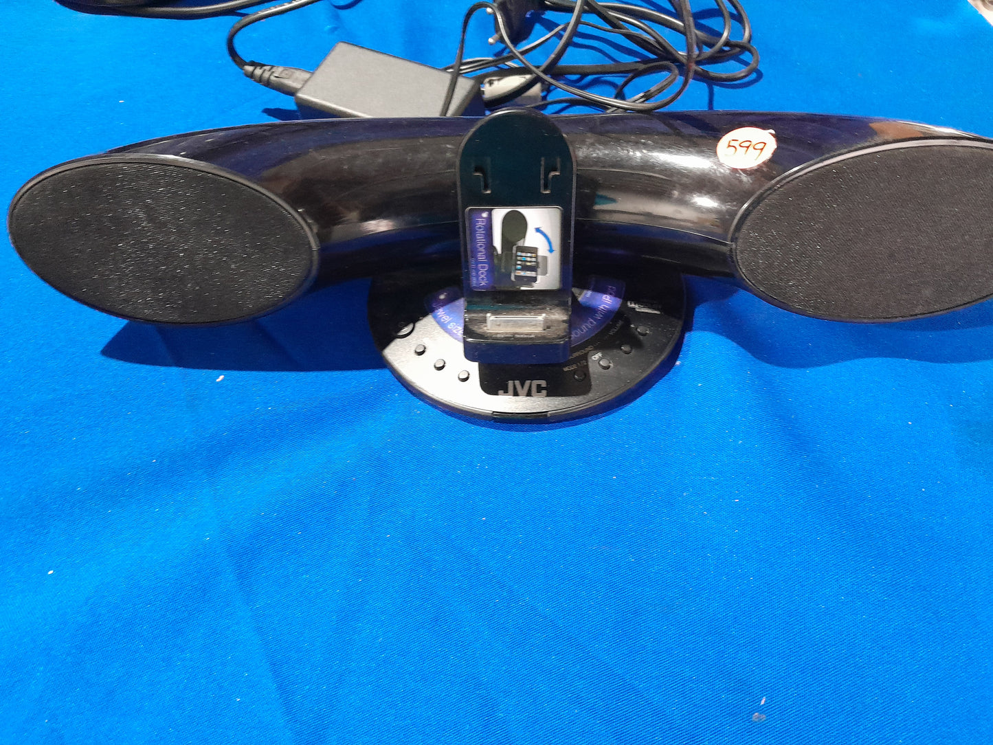 JVC 2.0 speaker system for iPods, providing clear audio and sleek design with 5W power output.