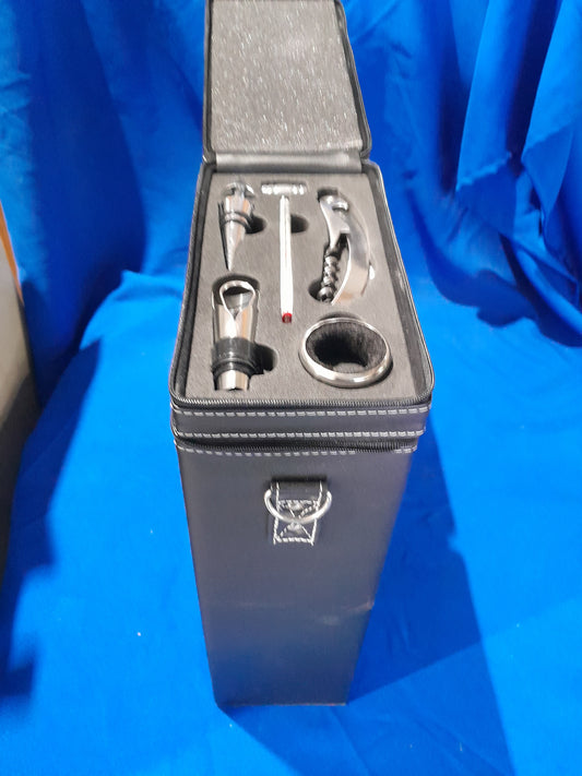 Stylish double wine carrier with accessories, perfect for gifting wine lovers and special occasions.