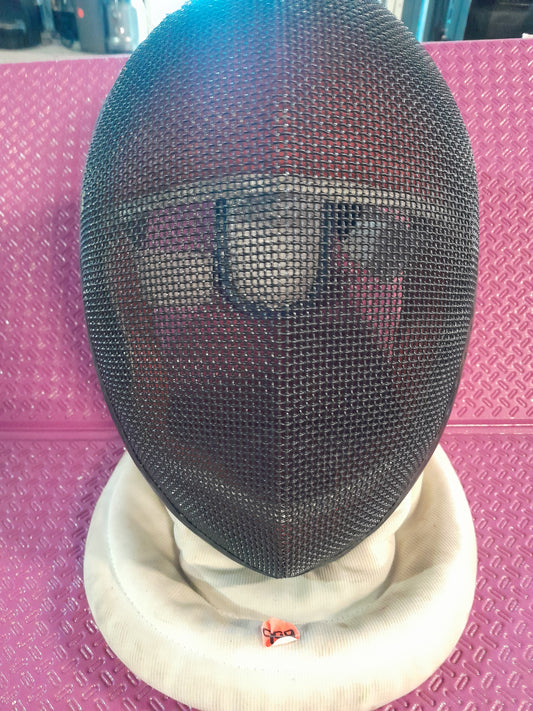 Protective fencing mask with tough fabric bib, ideal for safe fencing practice and competitions.