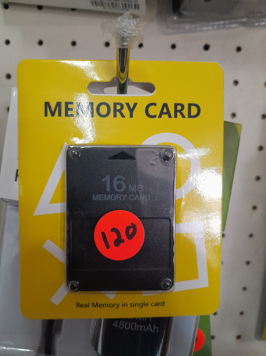 Sealed 16MB PlayStation 2 memory card on a yellow backing card with a red price sticker showing '120'. Available at Die Skatkis secondhand store.