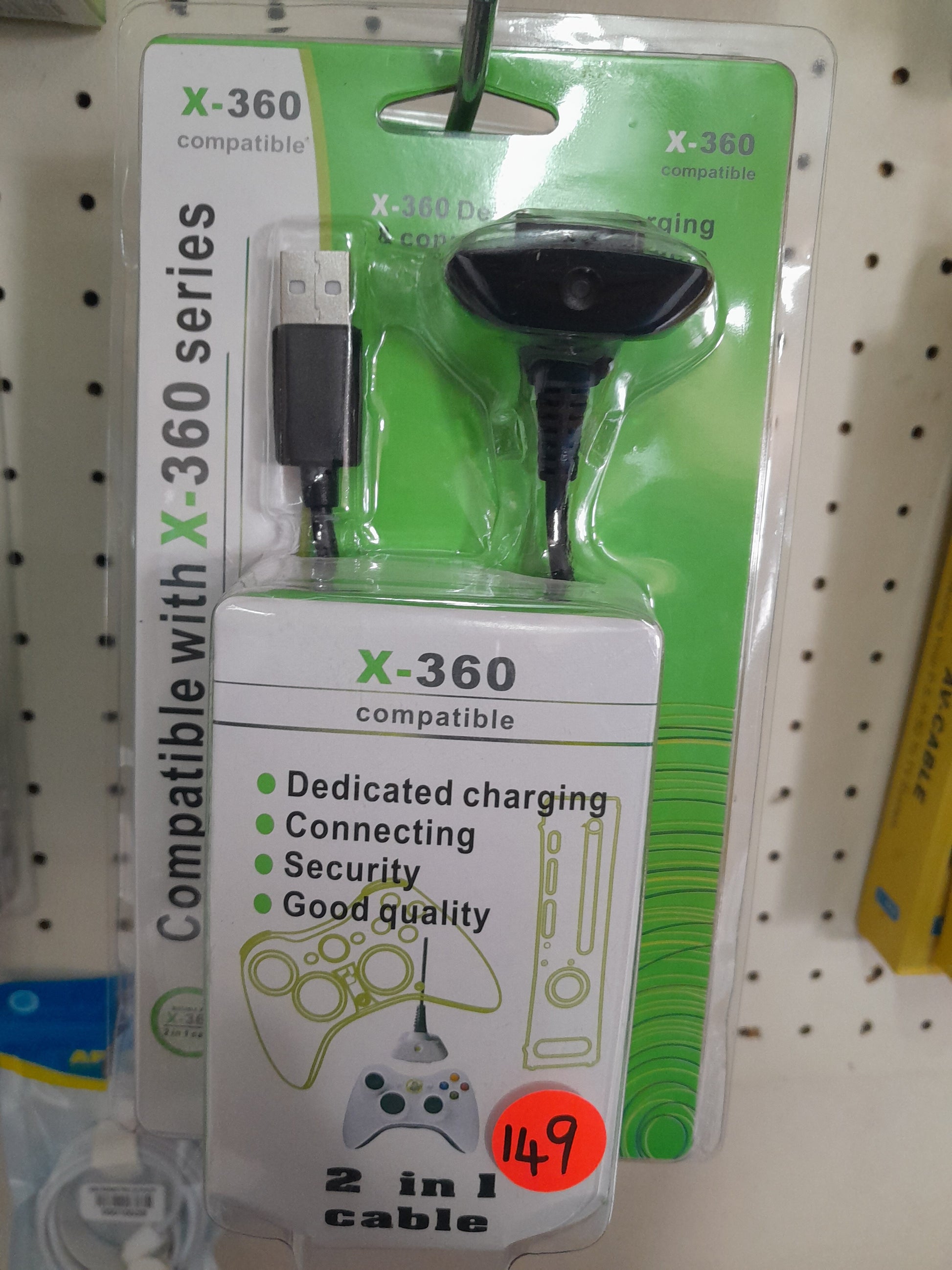 New and sealed X-360 compatible 2 in 1 cable for Xbox 360, featuring dedicated charging, connecting, security, and good quality. Available at Die Skatkis.