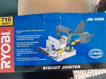 Ryobi JM-100K Biscuit Jointer package highlighting features such as 710W motor, and adjustable cutting depth.