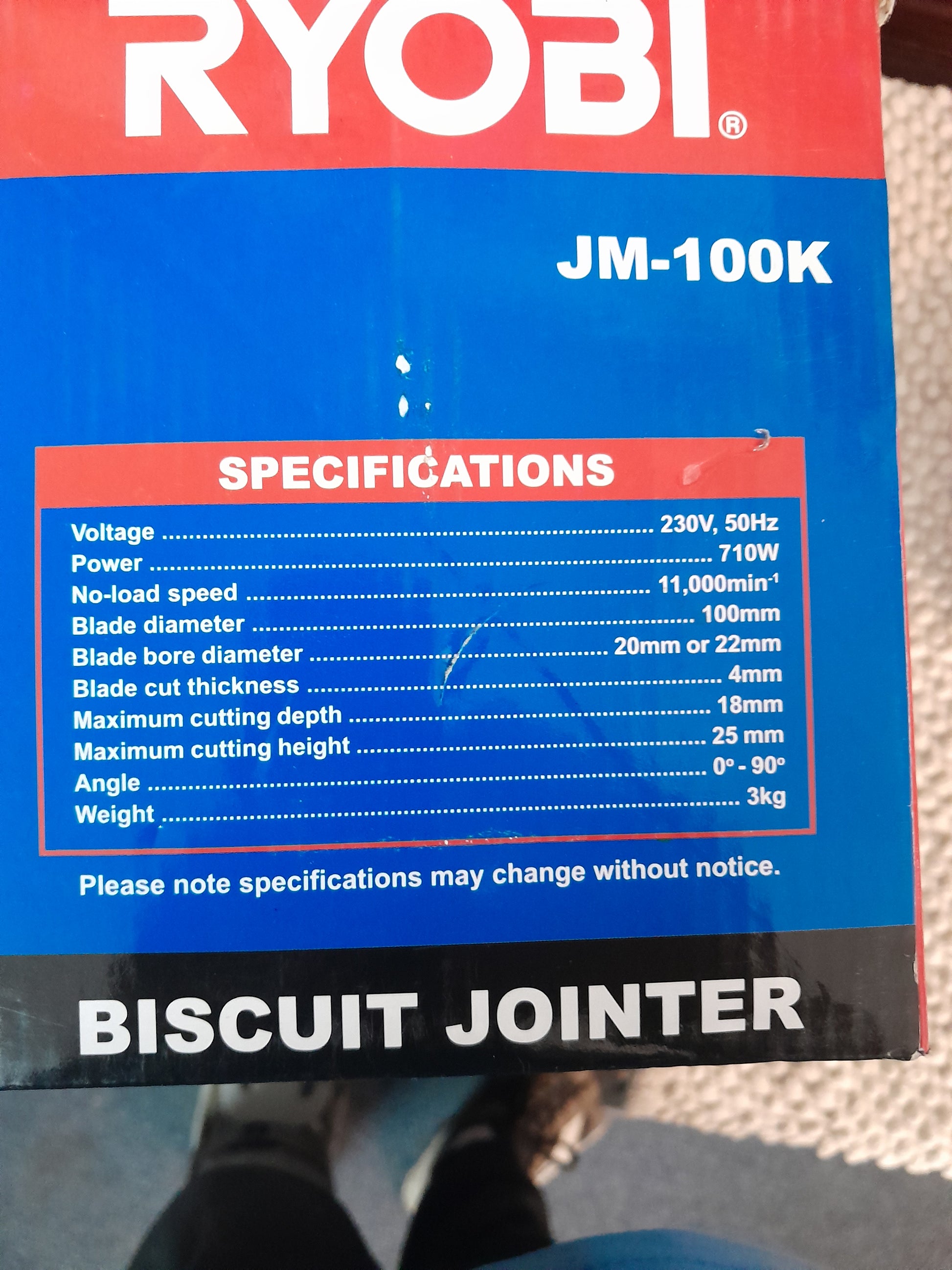 Specifications for Ryobi JM-100K Biscuit Jointer: 710W power, 11,000 rpm, cutting depth 0-18mm, blade diameter 100mm.