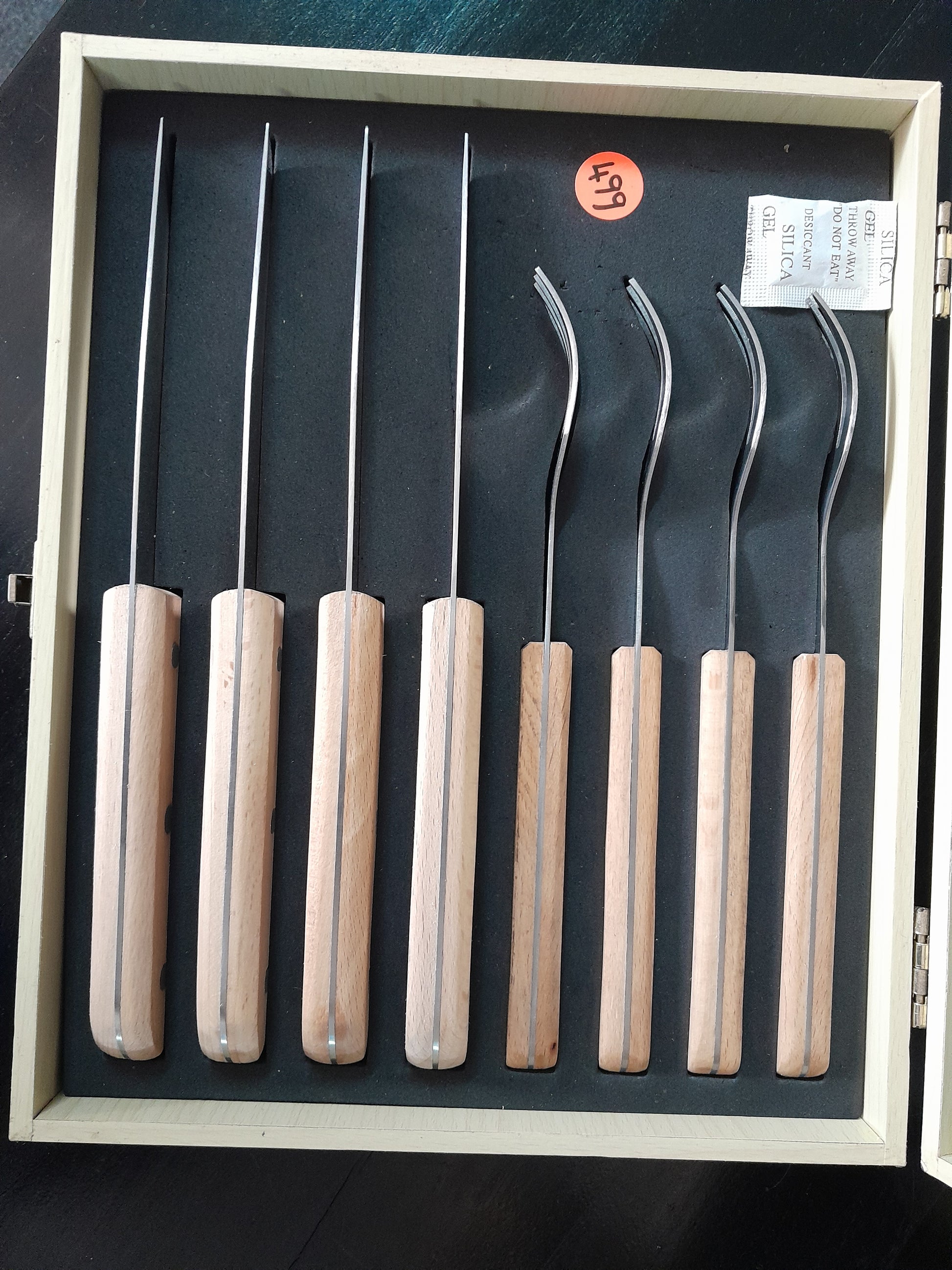 8 Piece Steak Knife and Fork Set with wooden handles in a neat box, available at Die Skatkis secondhand store.