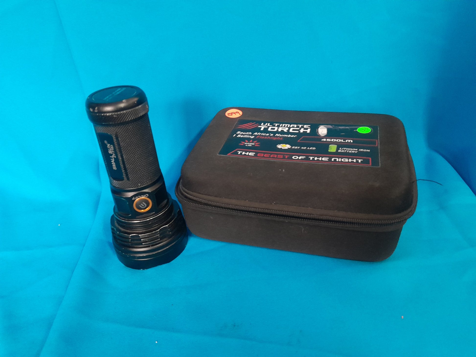 Ultimate LED Torch by Small Sun with 4500LM, CREE XHP 70 LED, and lithium iron battery, in black carrying case, labeled 'The Beast of the Night.