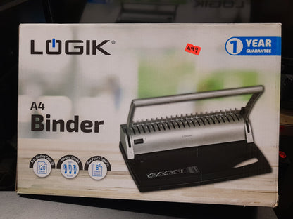 "Logik A4 Binder packaging highlighting features like 1-year guarantee, 120 sheet capacity, and 14mm binding combs.