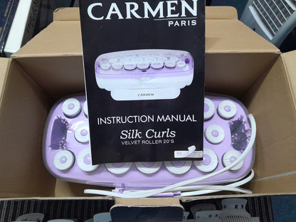 New Carmen Paris Silk Curls Velvet Roller Set with 20 Purple and White Rollers in Original Packaging