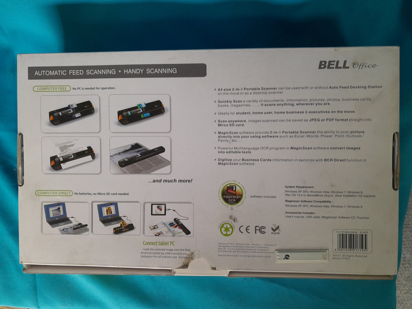 Box details of BELL Office A4 Portable Scanner, highlighting auto feed and standalone scanning features.