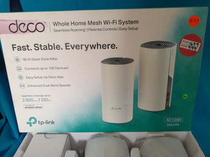 Die Skatkis secondhand store: TP-Link Deco E4 Mesh Wi-Fi System, covering up to 2,800 sq. ft. with enhanced speeds.