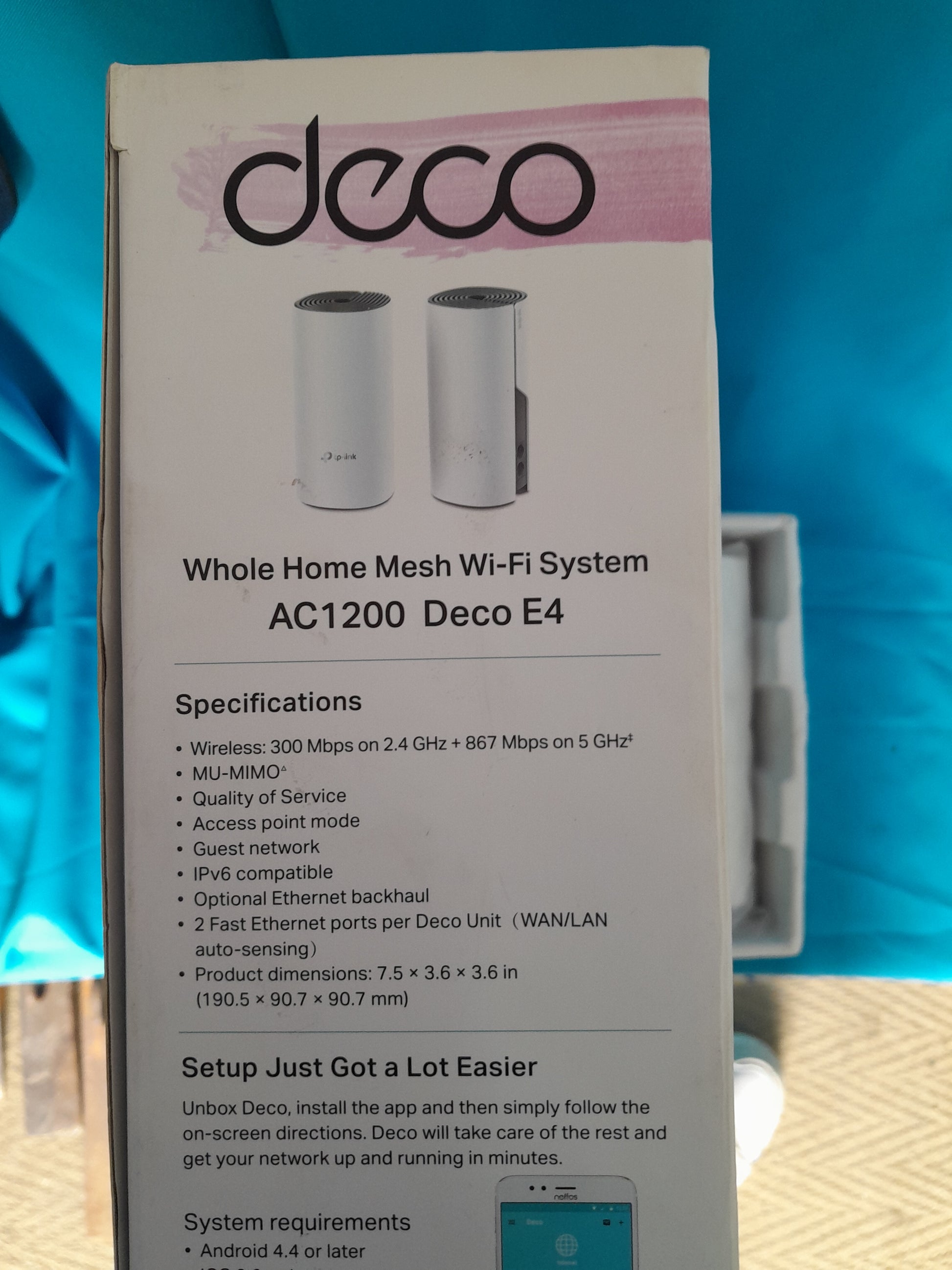 Deco AC1200 E4 Whole Home Mesh Wi-Fi System box, featuring seamless coverage and easy setup via Deco App, available at Die Skatkis.