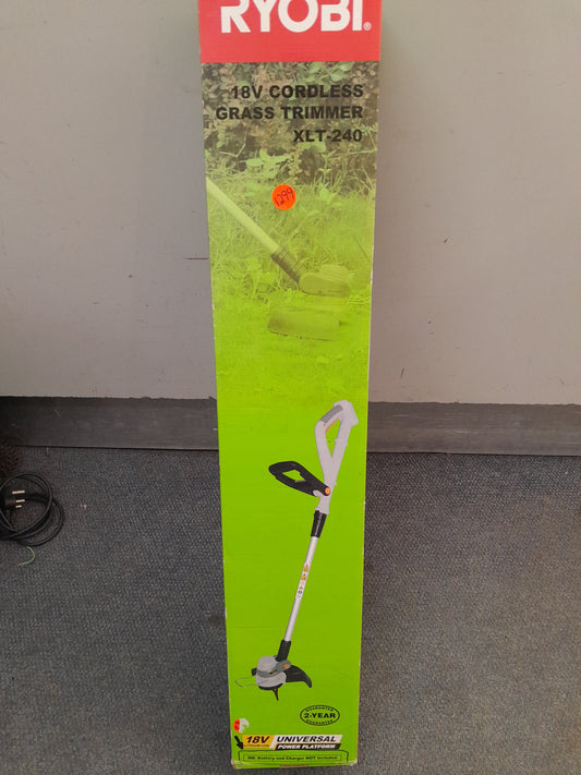 Ryobi 18V Cordless Garden Trimmer with 10,000rpm speed and 240mm cutting path, in original packaging for Die Skatkis store.