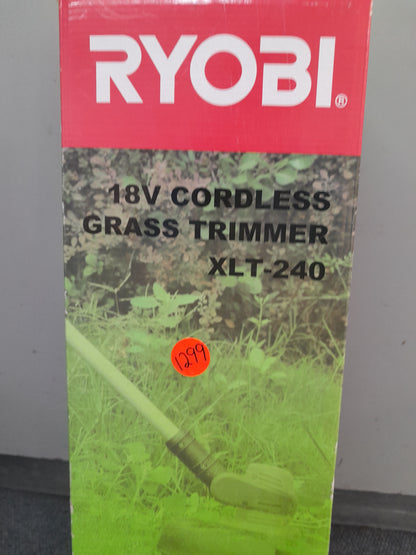 Ryobi 18V Cordless Grass Trimmer XLT-240 in original packaging with red branding and detailed features, available at Die Skatkis online secondhand store.