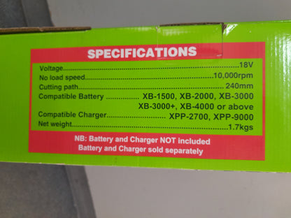 Ryobi 18V Cordless Garden Trimmer specifications: 10,000rpm, 240mm cutting path, compatible with XB batteries, for sale at Die Skatkis.