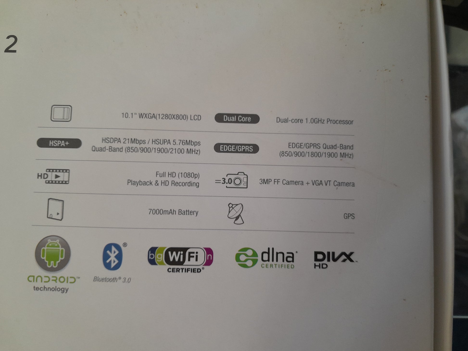 Specifications of Samsung Galaxy Tab 2 10.1, including 10.1\" WXGA LCD, dual-core 1.0GHz processor, 3MP FF camera, and 7000mAh battery.