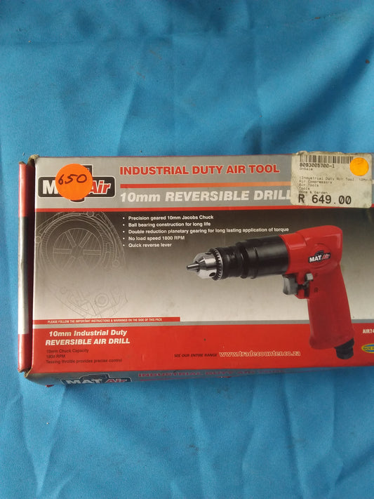 MatAir 10mm reversible air drill with precision geared Jacobs chuck and quick reverse lever. Available at Die Skatkis.