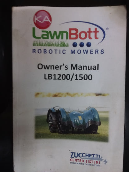 Owner's manual cover for the LawnBott LB1200/1500 robotic mowers by Zucchetti, featuring the LawnBott logo and mower image. Available at Die Skatkis.