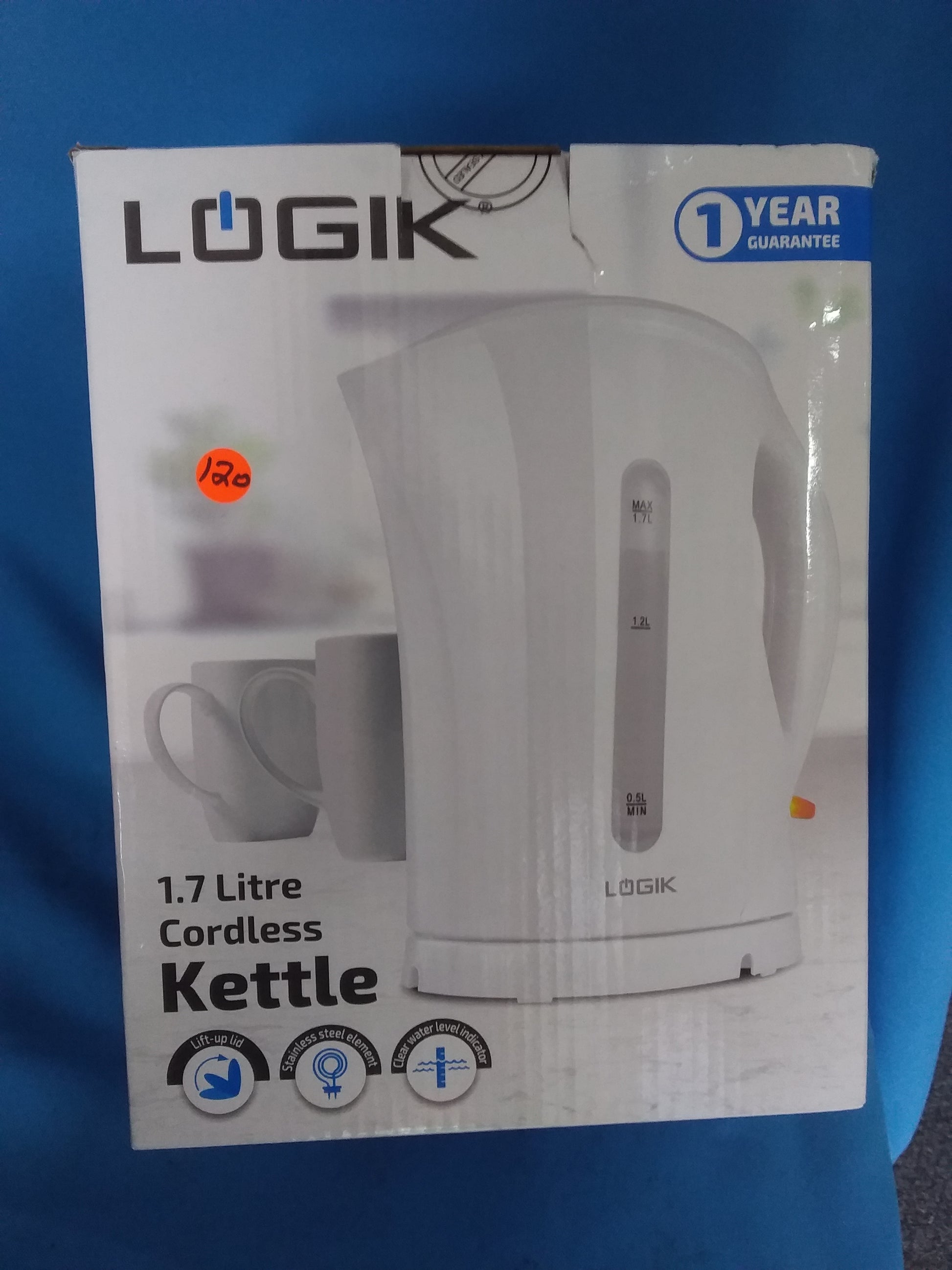 Logik 1.7 Litre Cordless Kettle with lift-up lid, stainless steel element, and water level indicator. Includes 1-year guarantee.