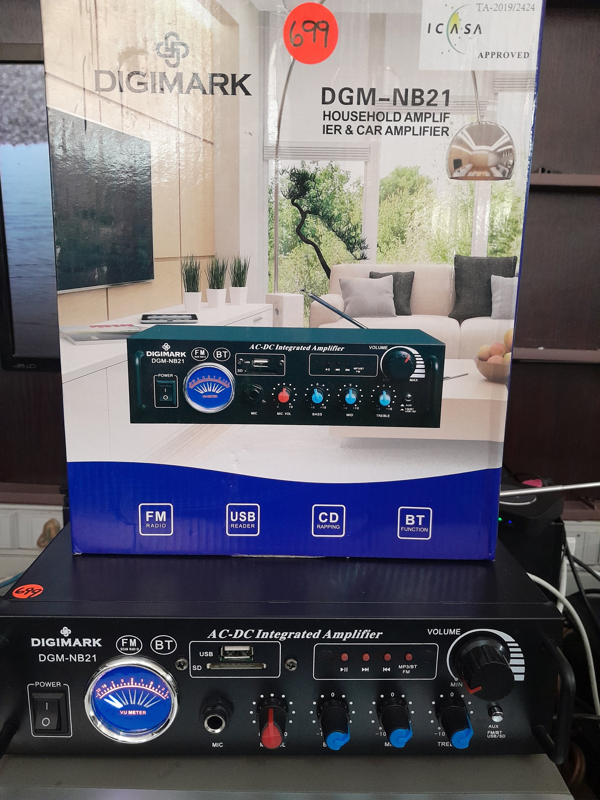 Digimark DGM-NB21 amplifier with USB, Bluetooth, and FM radio features displayed.