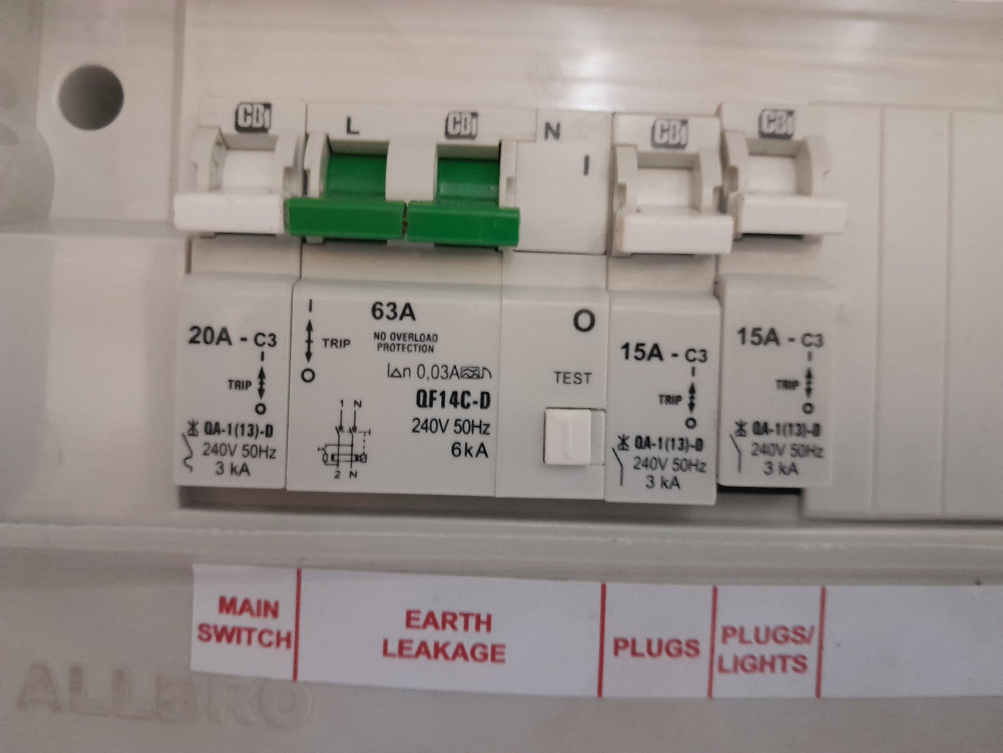 Overview of AllBro DB Box with detailed view of breakers and isolation switch for electrical safety.