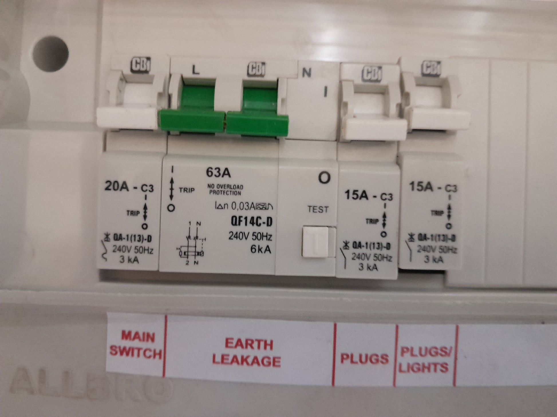 Overview of AllBro DB Box with detailed view of breakers and isolation switch for electrical safety.