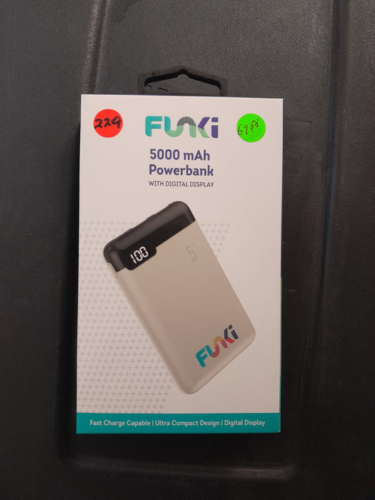 Front view of Funki 5000mAh Power Bank featuring a sleek design and clear digital display.
