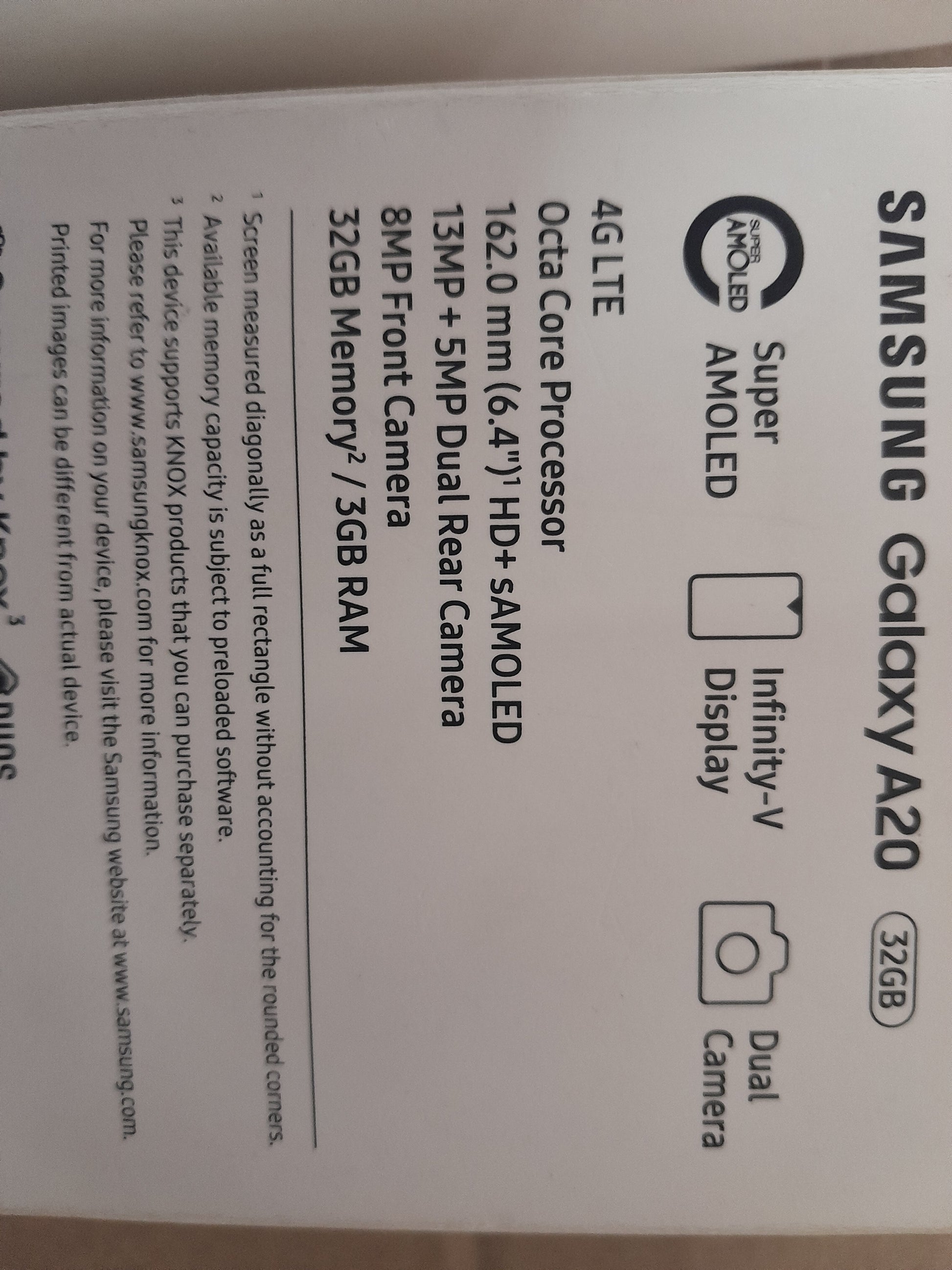 Detailed features of Samsung Galaxy A20 including Super AMOLED display and camera specifications.